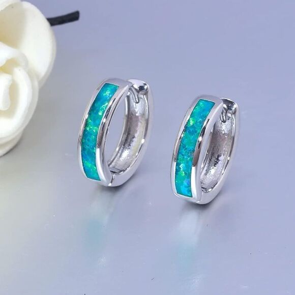 14K White Gold with Genuine Green Fire Opal Huggie Hoop Snap Hinge Earrings - Picture 2 of 4